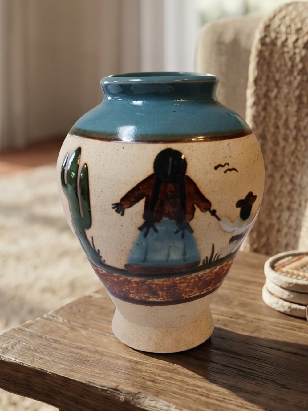 Vintage Mexican Folk Art Pottery Vase Mother & Child Cactus 6"